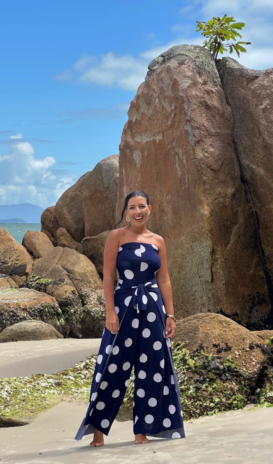 Conjunto Top & Calça/Macacão - Poá Azul Marinho