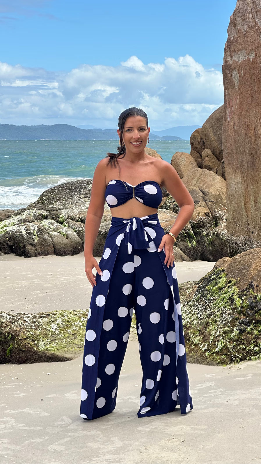 Conjunto Top & Calça/Macacão - Poá Azul Marinho