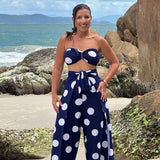 Conjunto Top & Calça/Macacão - Poá Azul Marinho